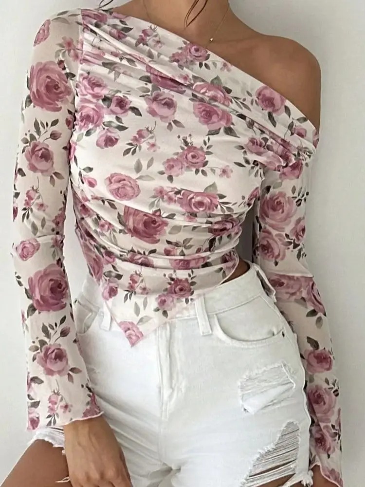 Spring & Autumn Women’s Elegant Floral Print Long Sleeve T-Shirt – Irregular Hem Top