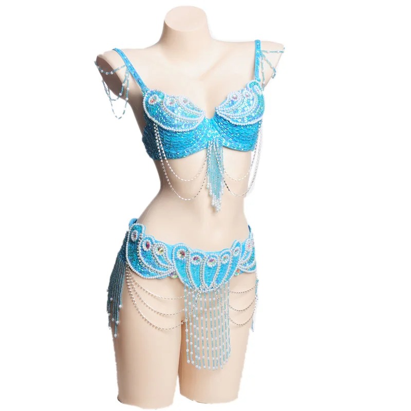 Women Beaded Belly Dance Costume Set Oriental Bra & Belt Carnival Outfit - Image 7