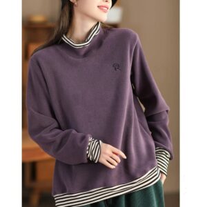 Retro Fake Two-Piece Women Sweatshirt Striped Patchwork Casual Loose Top