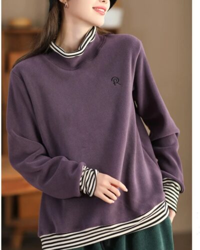 Retro Fake Two-Piece Women Sweatshirt Striped Patchwork Casual Loose Top