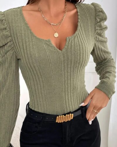 Women’s Square-Cut Collar Long Sleeve Slim Fit Top – Pleated Front & Back Tee for Autumn Winter 2026