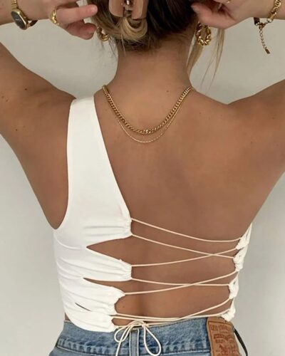 Women’s Hollow Back Crop Tank Top – Slim Fit Soft Korean Style Summer Camisole in Black & White