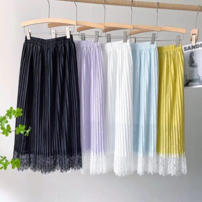 2022 Spring Women Skirts Lace Patchwork Pleated Skirts Sweet Solid Skirt Femme Elastic High Waist Elegant Skirt Women Streetwear
