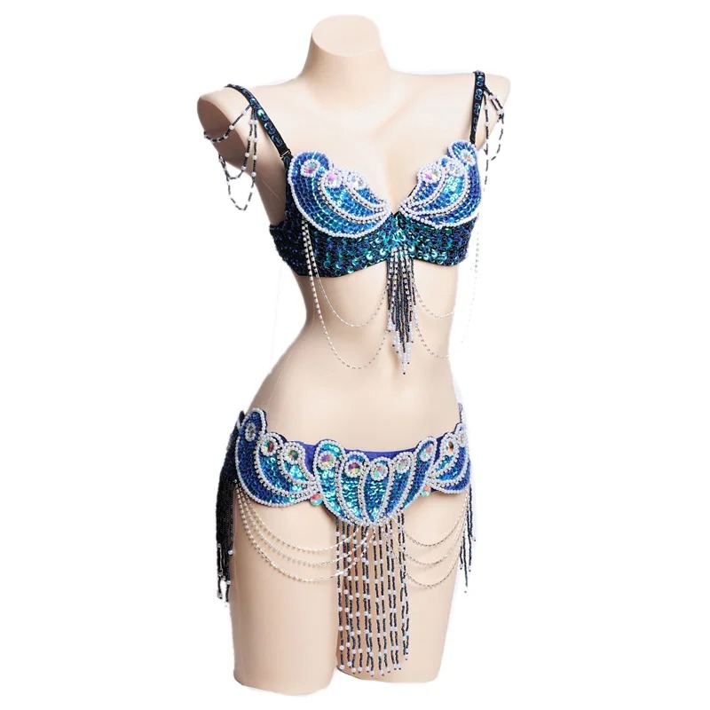 Women Beaded Belly Dance Costume Set Oriental Bra & Belt Carnival Outfit - Image 8