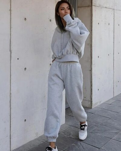 Women Fleece Tracksuit – Y2K Hoodie Sweatshirt Pants Set