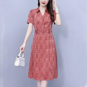 Women’s 2024 Red Silk Midi Dress | Short Sleeve Polo Collar Elegant Bodycon Party Dress