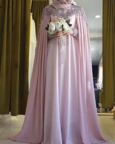 Pink Chiffon Muslim Evening Gown Long Sleeve A Line Dress