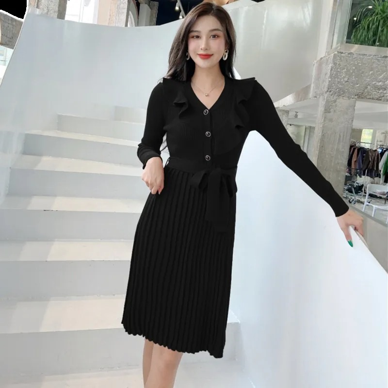 Anteef Women’s Long Sleeve Knitted Pleated Midi Dress – Vintage Elegant Sweater Dress - Image 4