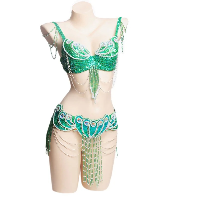 Women Beaded Belly Dance Costume Set Oriental Bra & Belt Carnival Outfit - Image 6