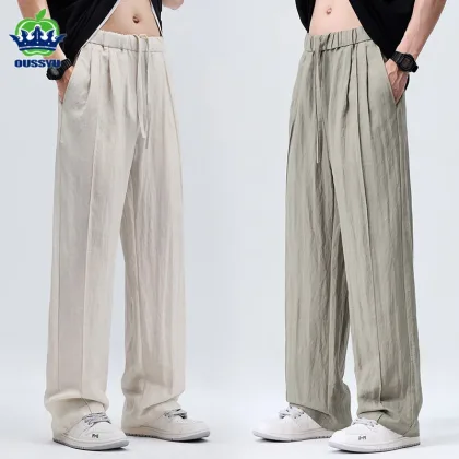 OUSSYU Brand Clothing Lyocell Linen Fabric Casual Pants Men Summer Thin Elastic Waist Outdoors Jogger Wrinkled Outdoor Trousers