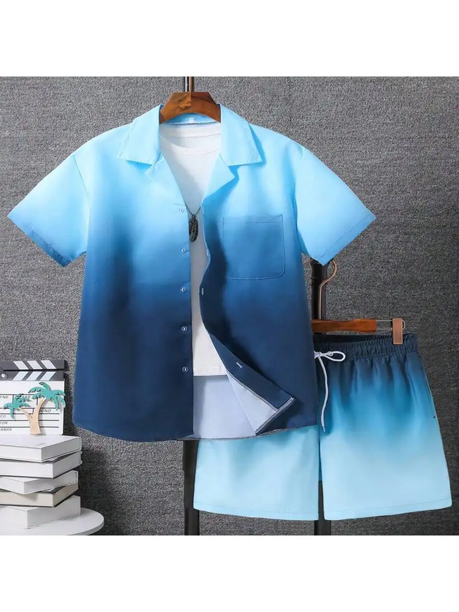 2pcs Men's Casual Summer Outfits, Color Block Short Sleeve T-Shirt & Drawstring Shorts Set, Beach Sports Exercise Short Clothin