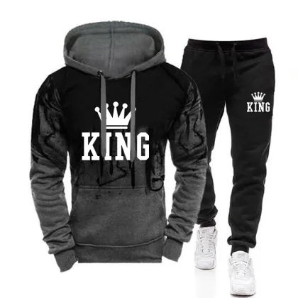 2025 Trend Menswear King Printing Casual Hooded Sweatshirts+Pants Set Jogging Clothing Splash-ink Suit Hot Sales Mens Tracksuit