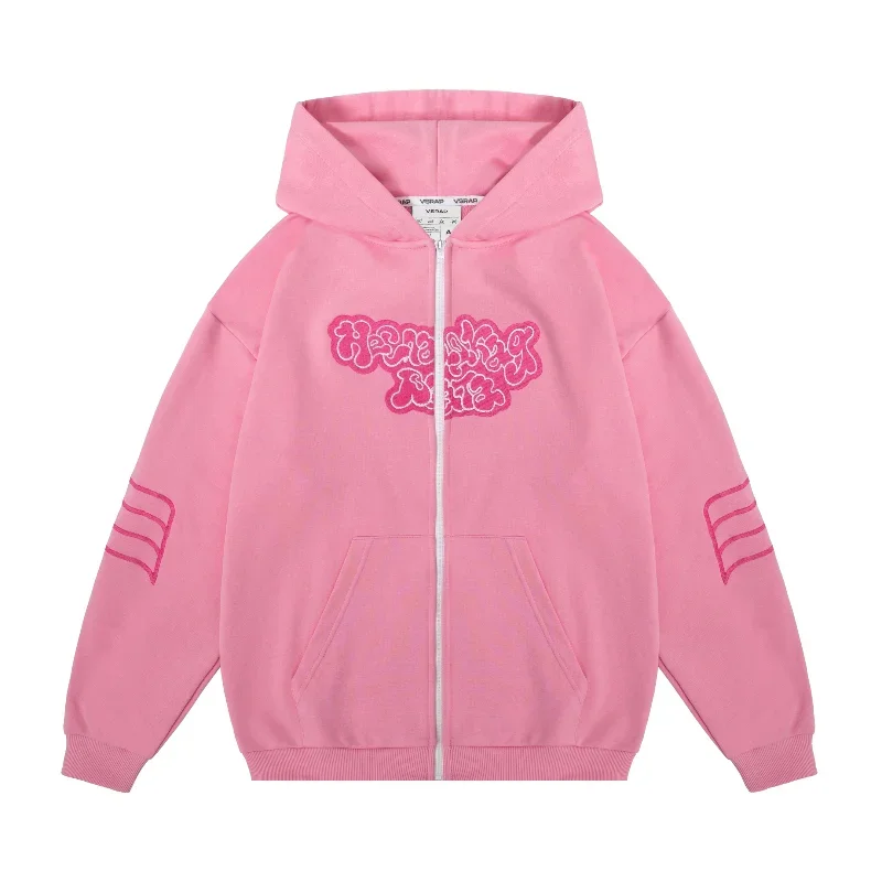 Kussia88 Y2K Zip Up Hoodie Men Women Trendy Art Embroidery Sweatshirt Fashion Harajuku Pink Oversized Streetwear Unisex Clothing