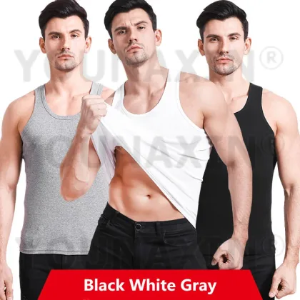 3 Pieces  Men Cotton Black Bottom Tops Undershirt Sleeveless Shirts White Fitness Singlets Gray Vest Sweatshirt M L XL 2XL 3XL