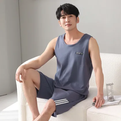 Plus Size 4XL-7XL Men Pajama Set Summer Knited Cotton Pijamas Sleeveless Sleepwear Suit