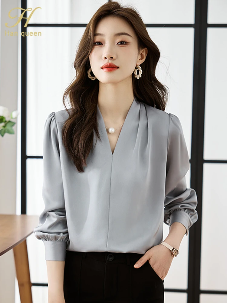 H Han Queen Korean Basic Shirts Woman Vintage Clothing Chiffon Long Sleeve Top Casual Female Work Wear Office Shirts And Blouses