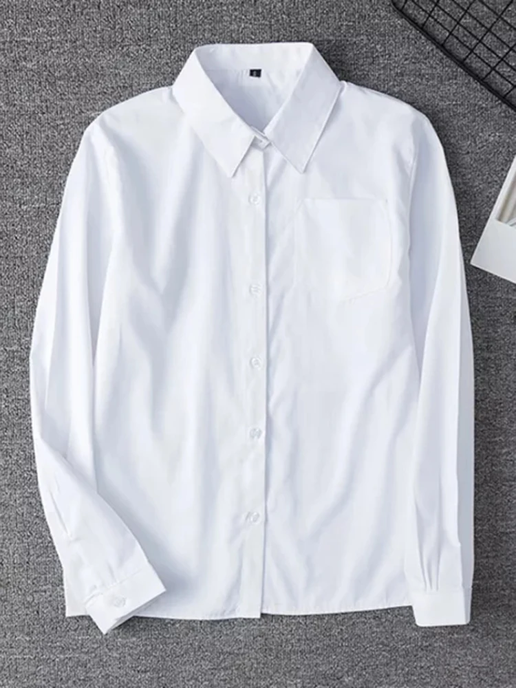 Zoki White Women Shirt Fashion Long Sleeve Casual Turn Down Collar Female Blouse Loose Pocket Button Office Ladies Elegant Tops