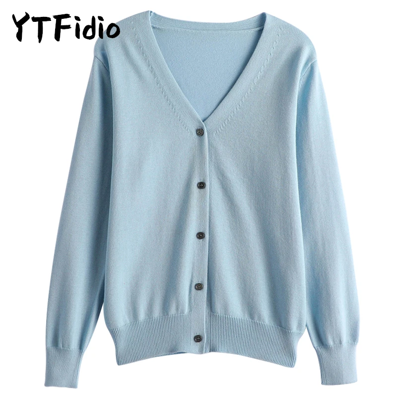 YTFidio 100% Cotton Women V-neck Long Sleeve Knitwear Cropped Coat Cardigans Sweaters Solid Casual 202