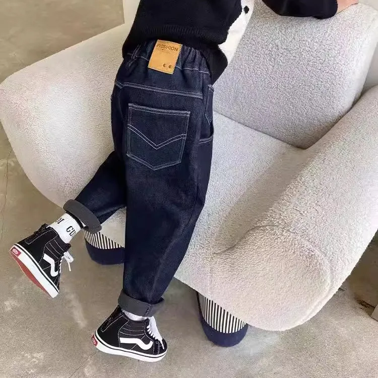 New Spring Autumn Students Boys Jeans Elastic Waist Pstchwork Children Boys Denim Pants Casual Loose Comfortable Kid Boys Pants