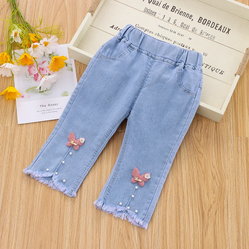 7/10 Pants LengthSpring Autumn Children Jeans Girls Cotton Print Splice Stretch Denim Pants Korean Teenage Kids Clothing