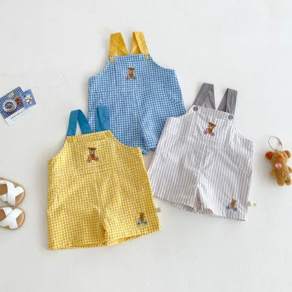 2025 New Summer Kids Checkered Overalls Unisex 98% Cotton with Bear Embroidery Toddler Boys Girls Casual Pants