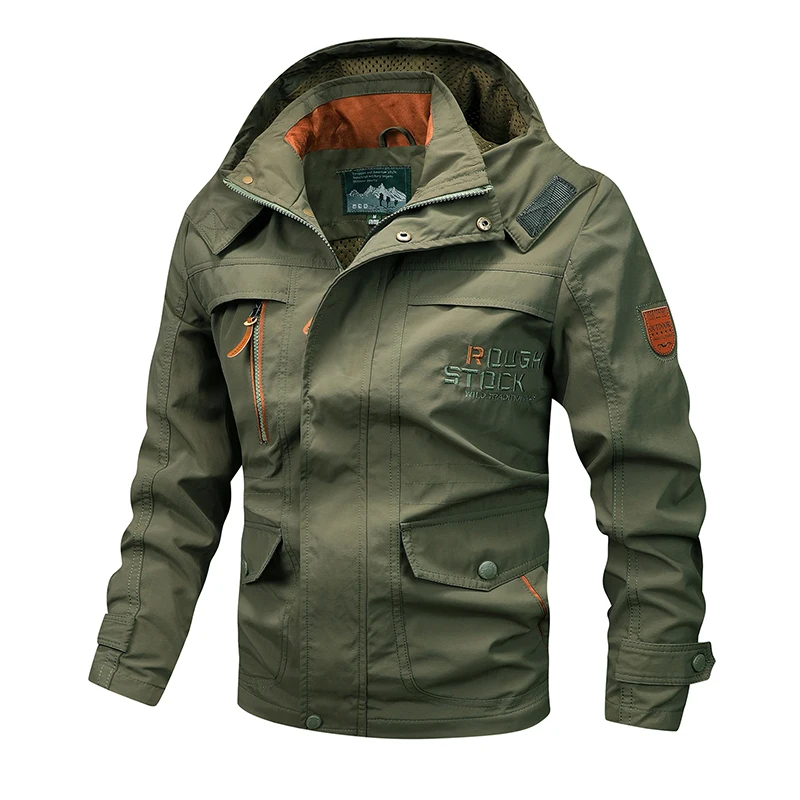 Spring Autumn New Men Windproof Casual Jacket Coat Detachable Hat Jacket Men Multi-Pocket Waterproof Military Jacket Male M-5XL