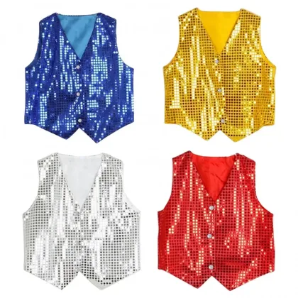 Kids Shinny Blazer Vest Boys Girls Sequined Vest Children Shining Sequins Waistcoat Hip-hop Dance Party Street Show Costume Vest