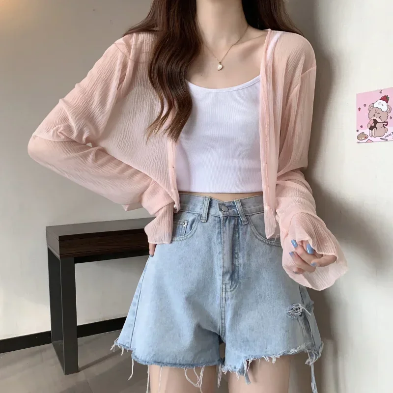 2025 Fairy Style Solid Cardigan Women Summer New Long Sleeve Sunscreen Sweet Beading V-neck Basics Loose Chiffon Cardigan