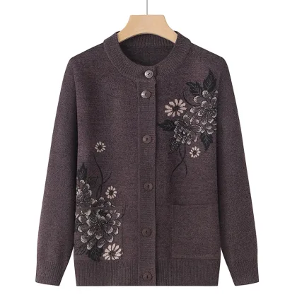 Korean Women's Clothes New Knit Woolen Printed Cardigan Coat Middle Aged Mother Knitwear Tops Vintage Grandma Sweater Jacket