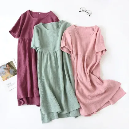 Vintage 100% Cotton Gauze Summer Dress Solid O-Neck Short Long Basic Home Women Sundress Parent-Child Outfit Muslim，121964WLA