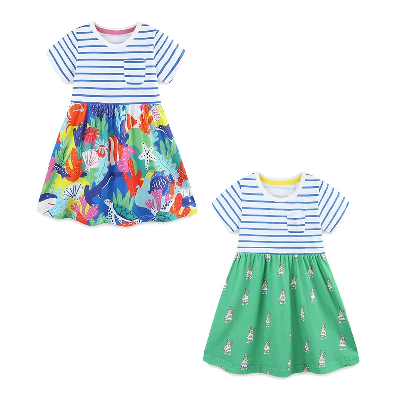 Jumping Meters 2-7T New Arrival Princess Girls Dresses Summer Striped Animals Print Fashion Kids Frocks Party Children Clothes