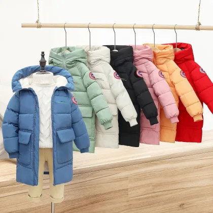 2023 Autumn Winter Korean Version Children Medium Long Style Down Cotton Jacket Baby Boys Girls Zipper Hooded Outwear 3-10Y