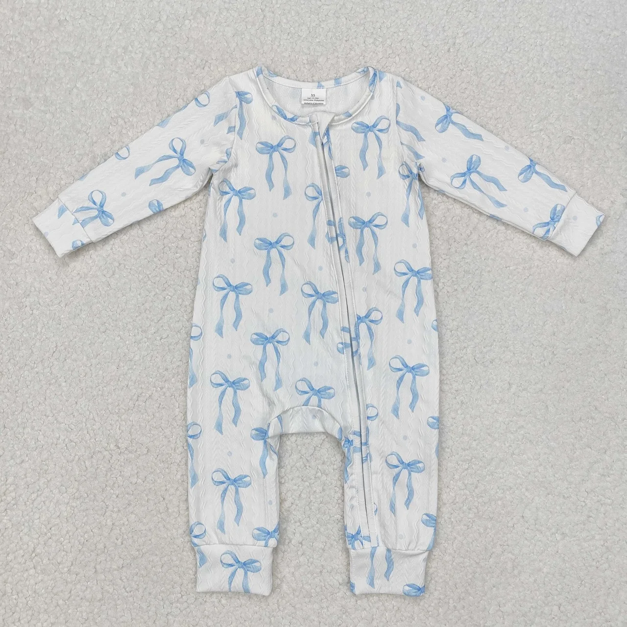 Wholesale Baby Girl Blue Bows Zipper Infant Children Long Sleeves Romper Toddler Kids Newborn Pajamas Coverall Bodysuit