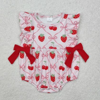 New rts summer baby girl pink rompers wholesale boutique strawberry cherry bow pattern girl romper