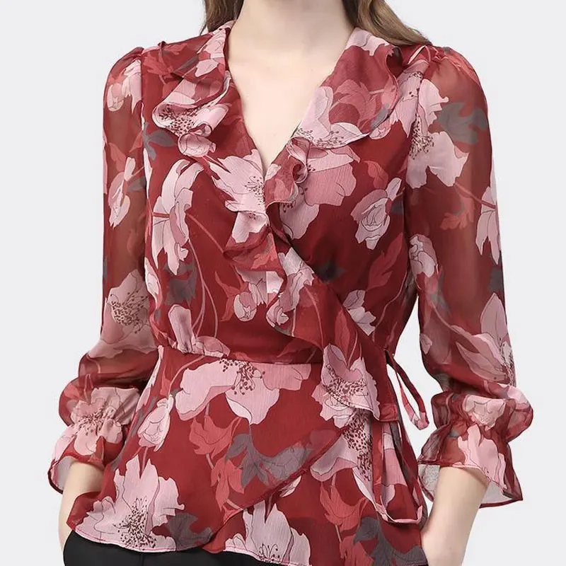 Elegant V-Neck Blouse Fashion Ruffles Spliced Spring Summer Waist Drawstring Women's Clothing Commute Vintage Asymmetrical Shirt