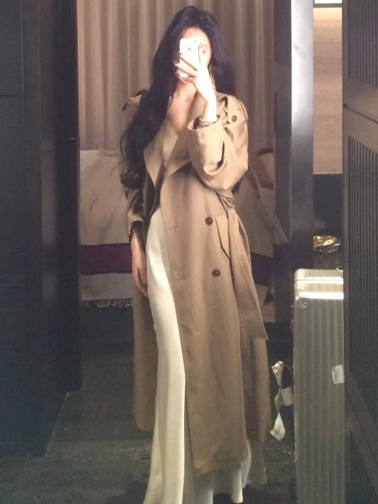 Korea Style Turn-Down Collar Long Trench With Belt Women Solid Fashion Single Breasted Slim Coat Female Elegant Clothes Autumn