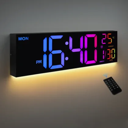 16" Large Digital Wall Clock, Big LED Display with Remote, 8 RGB Color, Alarm, DST, Temperature for Living Room, Kitchen