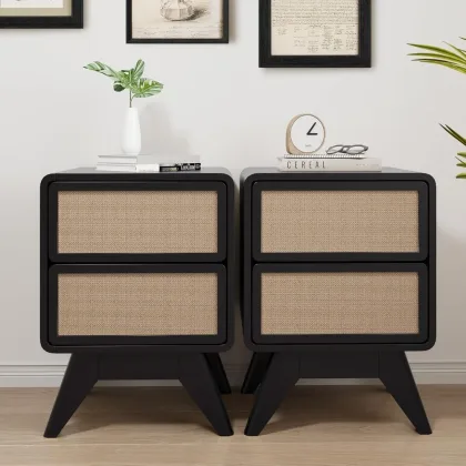 Mid Century Night Stand Set of 2, Wood Bedside Table Curved Round Edge Nightstands with 2 Drawers and Solid Wood Legs, En