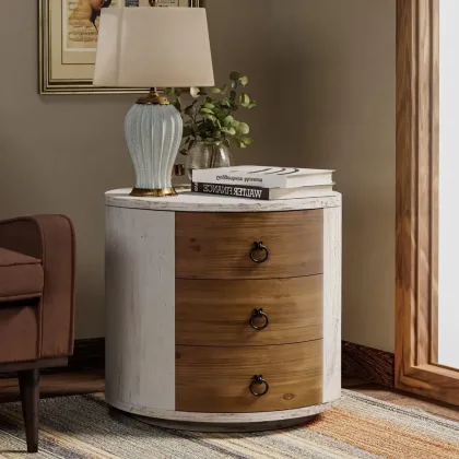 3 Drawer Chest of Drawers, 20 inch MDF Round Storage Cabinet, Retro Whitewash Finish Nightstand, Wood Bedside Table with Drawer