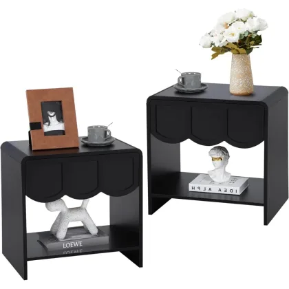 Night Stand Set of 2, Mid Century Modern Farmhouse Wood Nightstand with Wave Panel Drawer, Bed Side End Table for Small Space, L