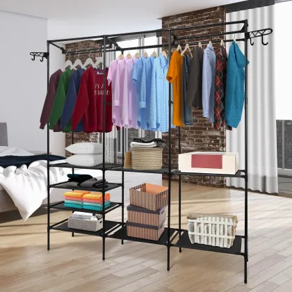 Garment Rack Shoe Clothing Organizer System Shelves Freestanding Multifunctional Clothes Wardrobe Metal Black