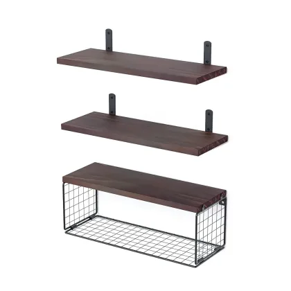 2 in 1 Floating Shelves Wall Mounted with Storage Basket Bathroom ShelvesOver Toilet ,Wooden Shelves