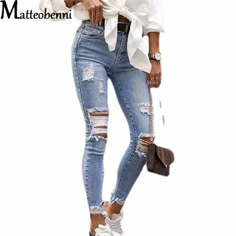 Summer 2022 Ripped Light Blue Jeans Women's Slim Knee Cut Hole Length Casual Pencil Pants Retro Jeans