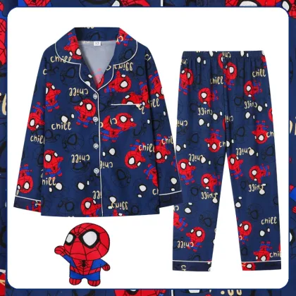 Marvels Spiderman Pajamas Spring and Summer Children's Pyjamas Boys Long-sleeved Girl Cardigan Suit Cartoon Home Clothes