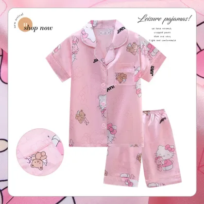 Girls Ice Silk Pajamas Set Children's Sanrio Hello Kitty Cartoon Turn-down Collar Short Sleeve Top + Shorts 2Pcs Kids Nightwear