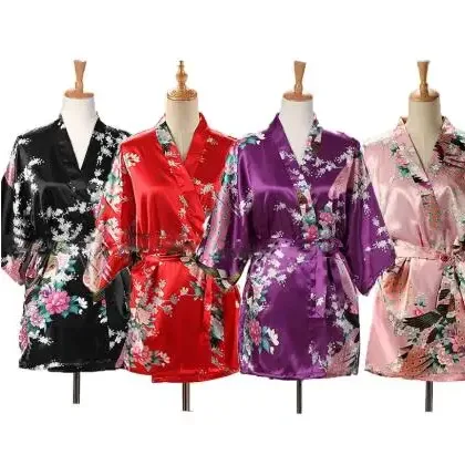 Lace Up Woman Peacock Print Japanese Kimono Yukata Silk Satin Short Style Sleepwear Home Nightgown Bath Robe Costume