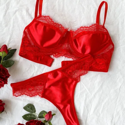 2025 Women's Sxy Lace Strapping Underwire Nonpadded Bra & Brazilian Briefs - Fancy Eyelash Lingerie Set