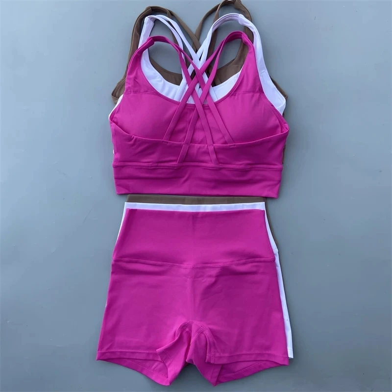 Solid Color gym bike Yoga Set short Legging +cross sport bra Tracksuit Athletic Women Gym Suit Comprehensive Training Jogging