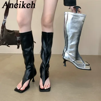 Aneikeh 2025 Sexy PU Square Head Clip Toe Sandals Boots Women's Thin Heel Side Zipper Sewing Chelsea Knee High Boots Party Ball