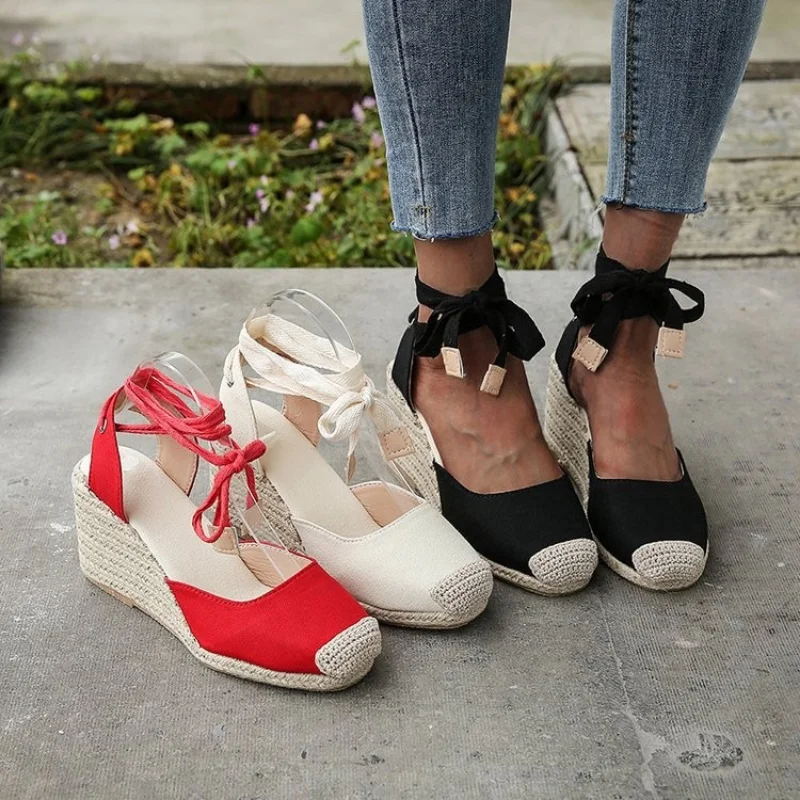 ZFY Women's Espadrille Ankle Strap Wedges Sandals Ladies Slippers 2023 Summer Woman Flax Hemp Canvas Casual Pumps Shoes 35-43